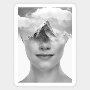 Black and white portrait of a dreaming girl in collage style Sticker